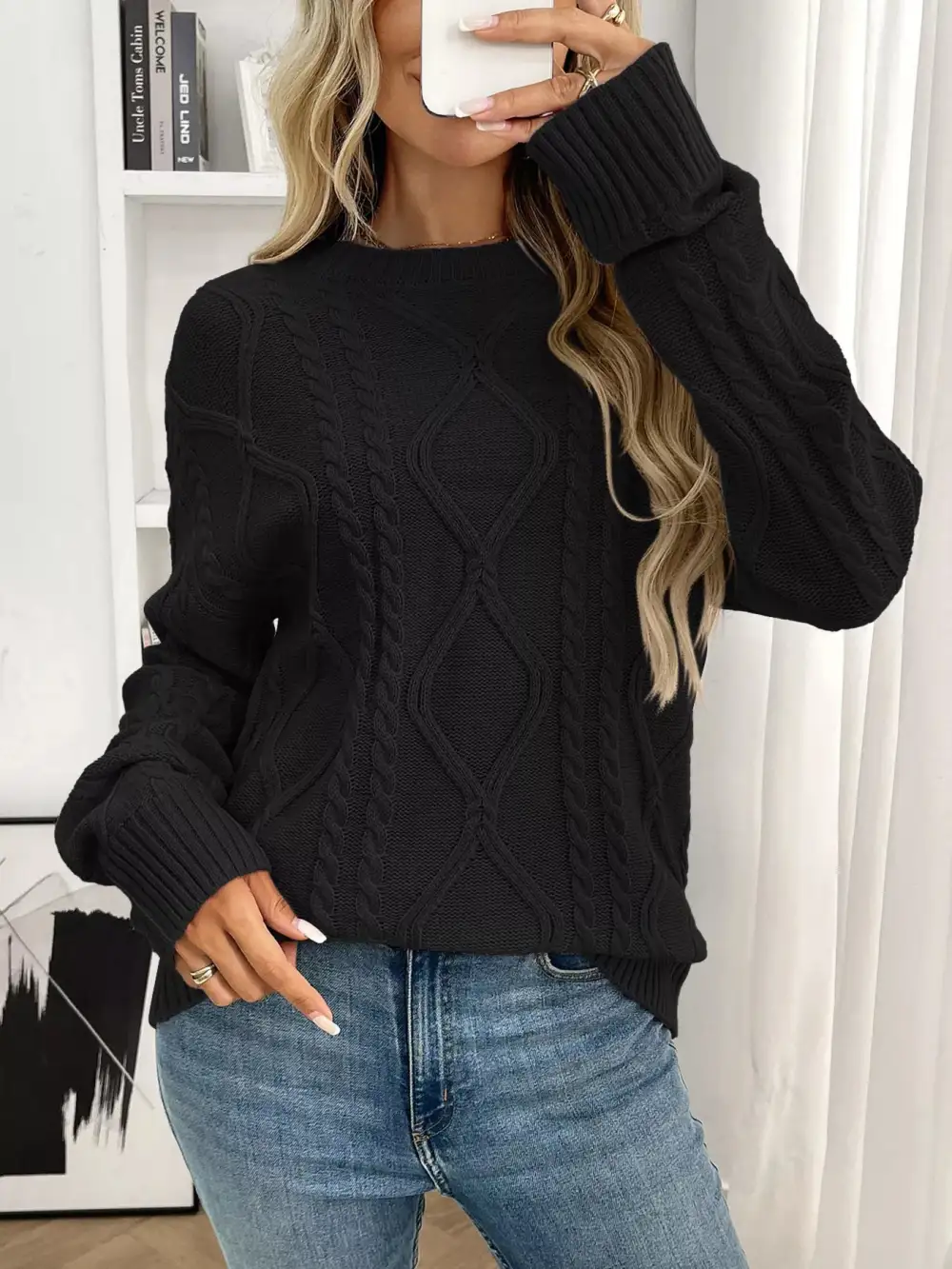 Long Sleeve Round Neck Cable Knit Sweater