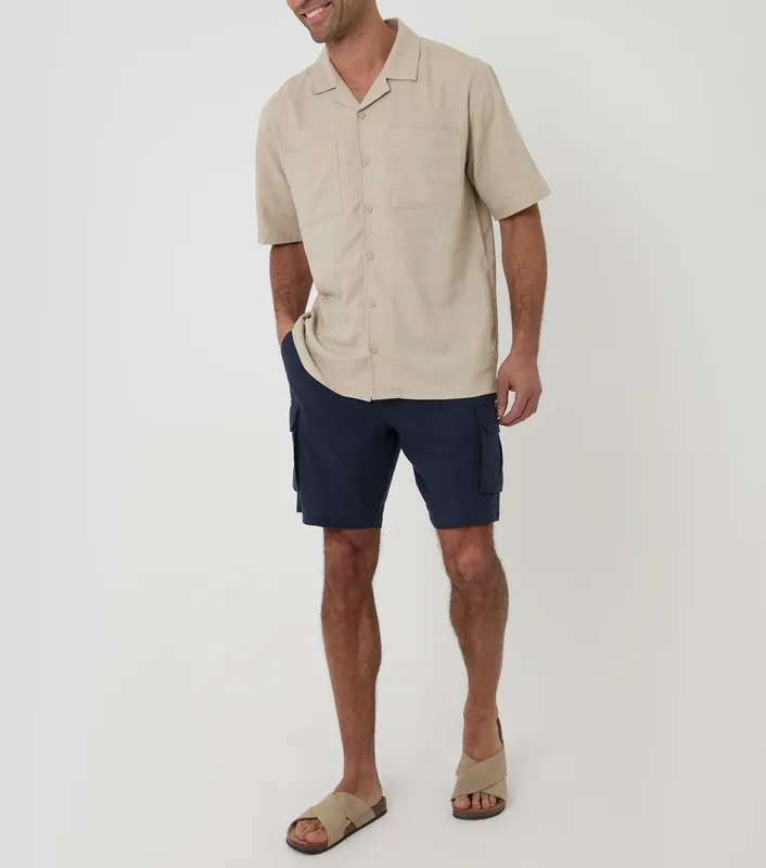 Stone Relaxed-Fit Linen-Blend Short-Sleeve Shirt