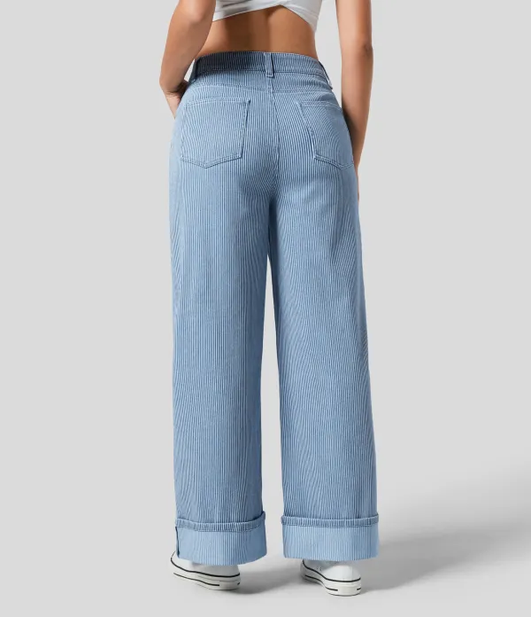 Magic Mid Rise Multiple Pockets Rolled Hem Striped Washed Stretchy Knit Casual Wide Leg Jeans