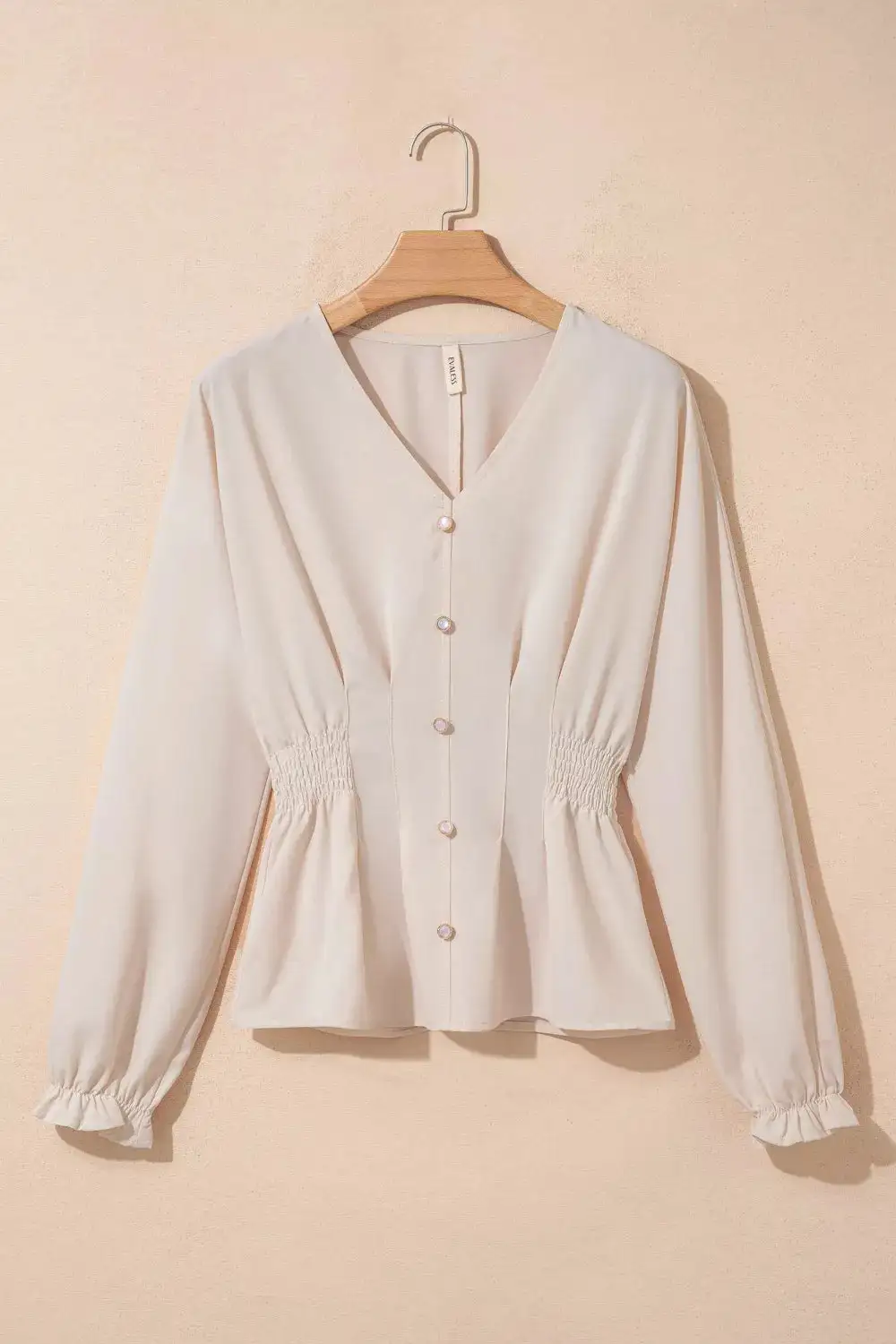 Smocked-Waist V-Neck Long-Sleeve Buttoned Blouse