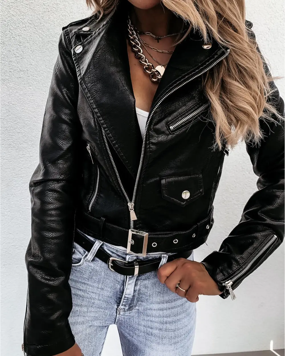 Cropped Faux Leather Asymmetric Zip Biker Jacket