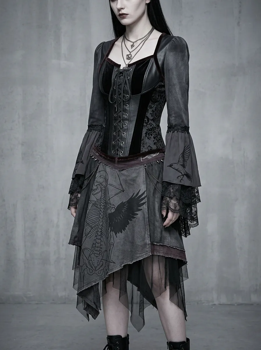 Women's Gothic Raven Skeleton Printed Corset Top