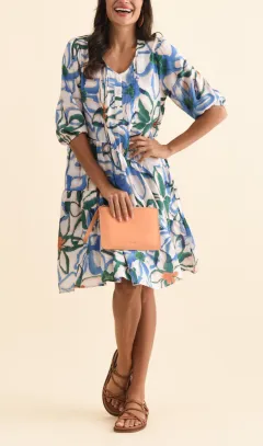 Cotton Above-Knee Floral Pocket Pleated V-Neck Half-Sleeve Dress