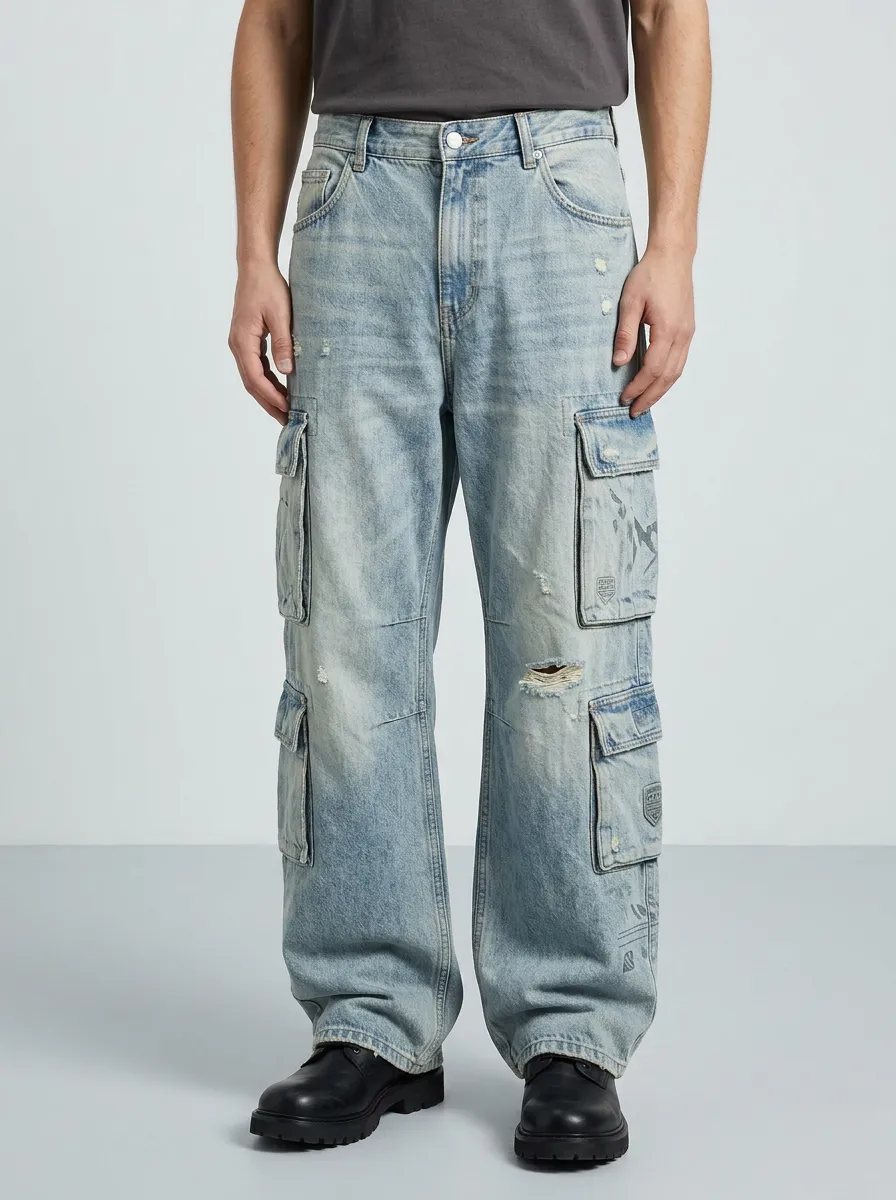 Men's Streetwear Distressed Denim Graphic Cargo Jeans