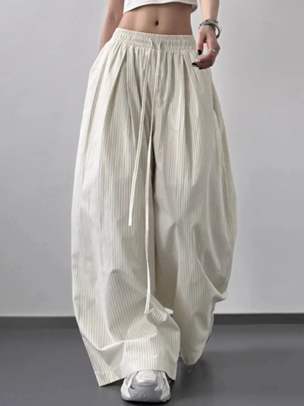 Textured Striped Wide Leg Drawstring Pants