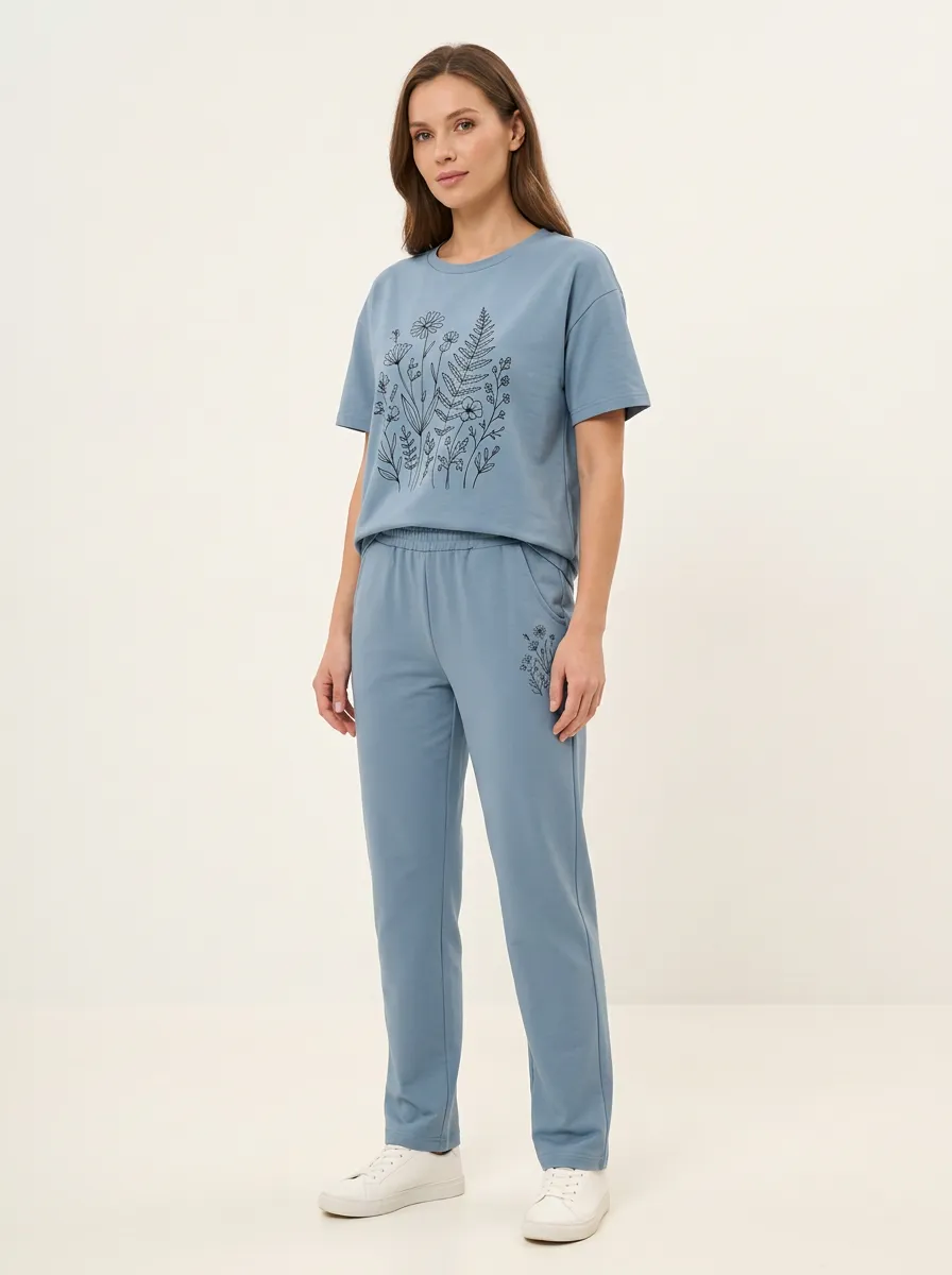 Women's Drop-Shoulder Crewneck T-Shirt and Straight-Leg Pants Set