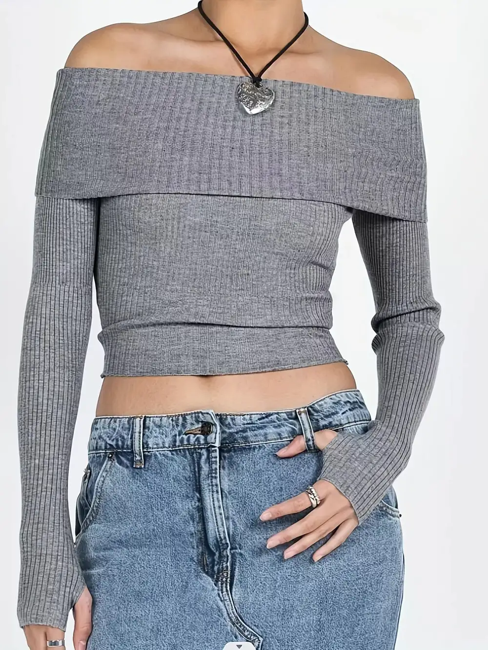 Textured Off-Shoulder Ribbed Knit Sweater