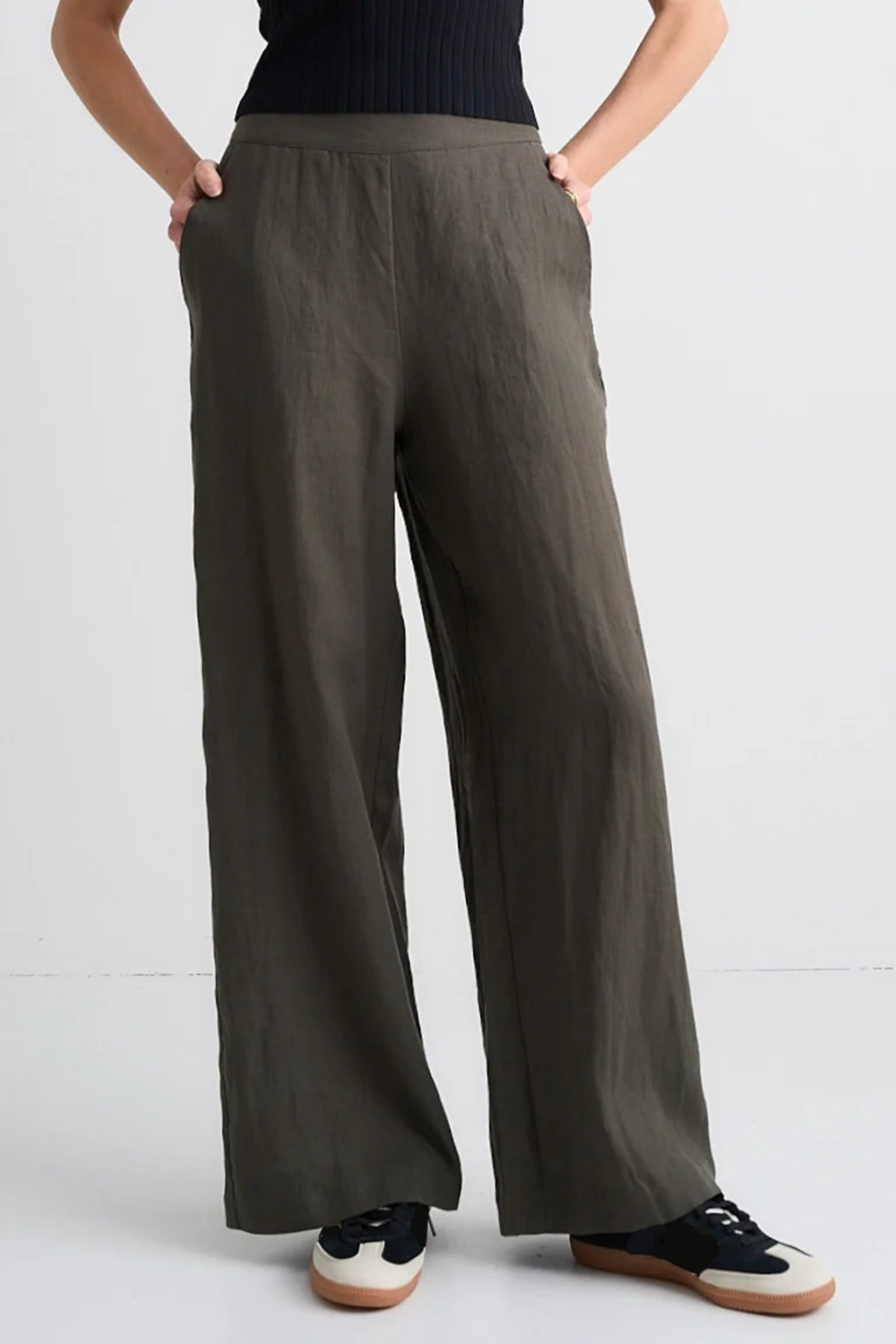 Dark Green Linen Wide - Leg Pants