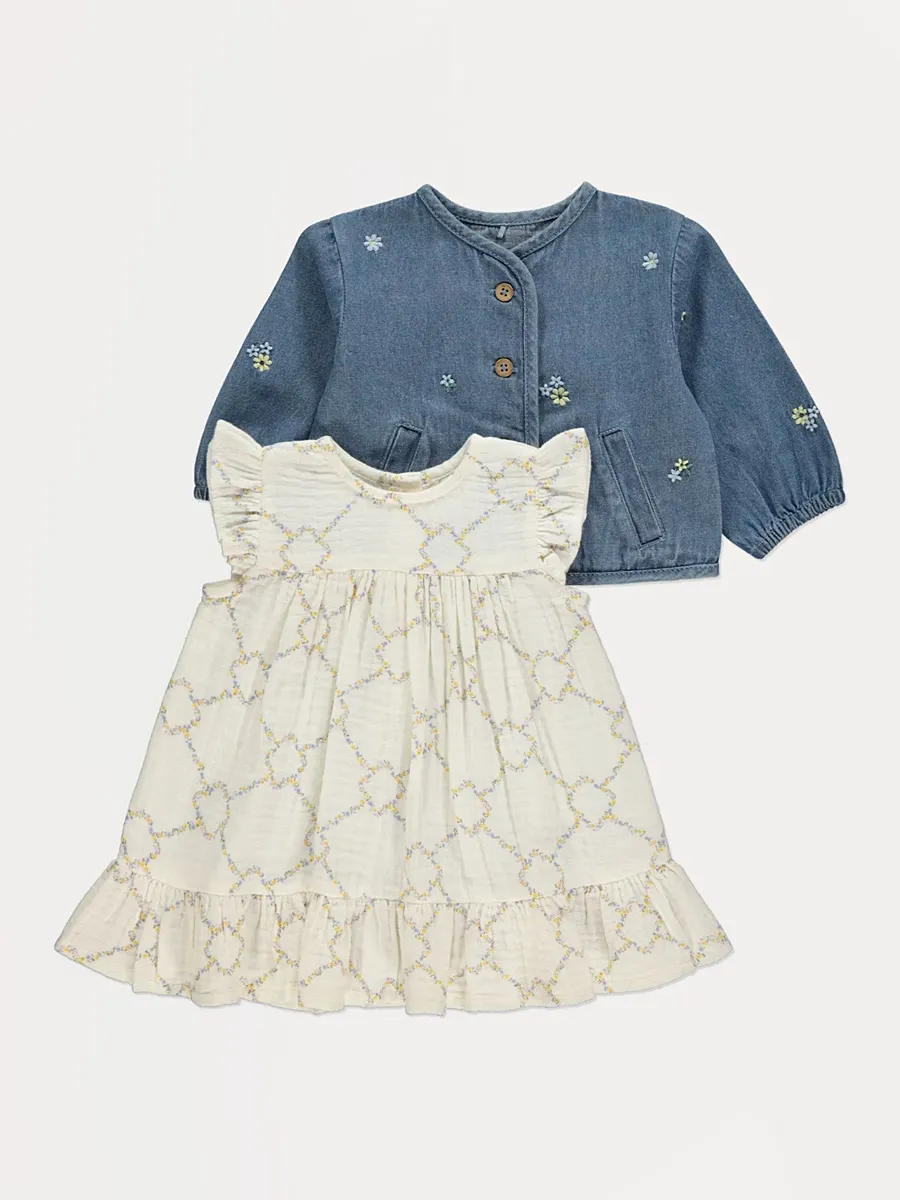Floral Frill Shoulder Dress and Denim Jacket Outfit