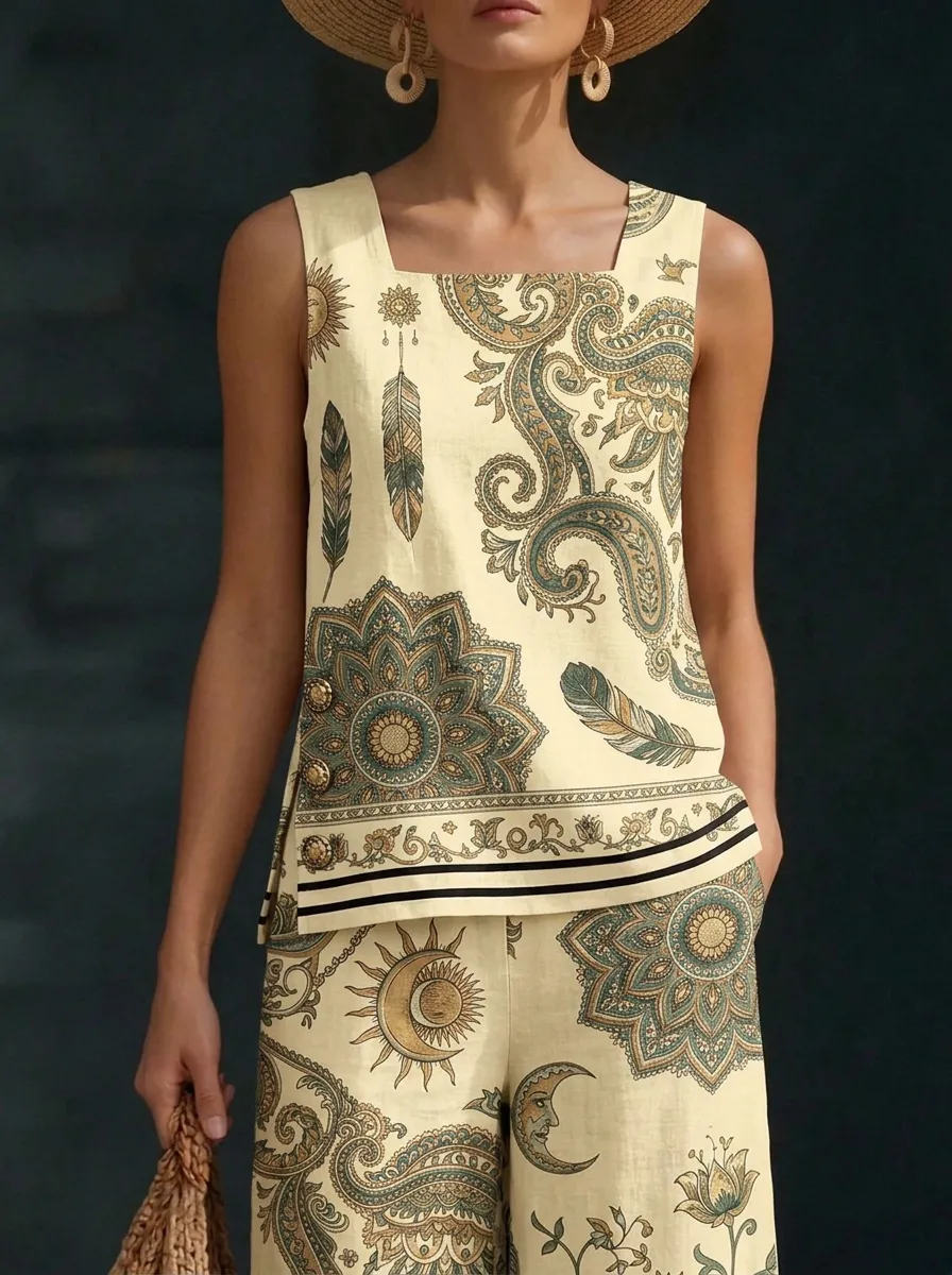 Women's Boho Paisley Floral Moon Printed Sleeveless Set
