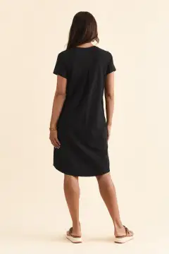 Above-Knee Cotton Pleated V-Neck Short-Sleeve Straight-Cut High-Low-Hem T-Shirt Dress