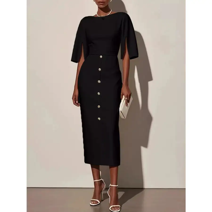 Slit Sleeve Midi Dress with Decorative Button