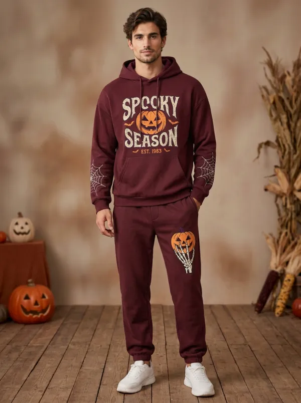 Men's Halloween Charcoal Spooky Season Pumpkin Skeleton Contrast-Hood Hoodie Jogger Set