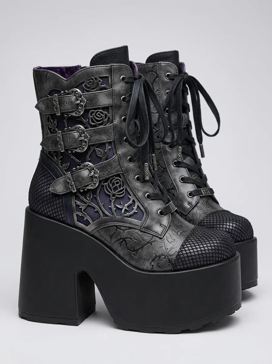 Nightfall Rose Thorn Buckle Night Look Women's Gothic Platform Boots