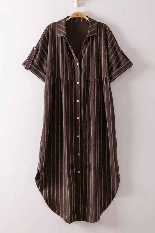 Striped Linen Midi Button-Down Shirt Dress