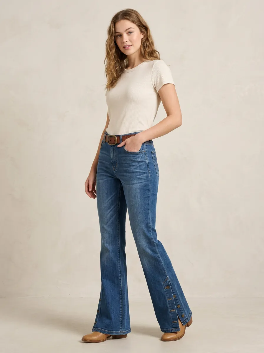 Women's Casual Fashion Blue Button Side Flare Denim Pants