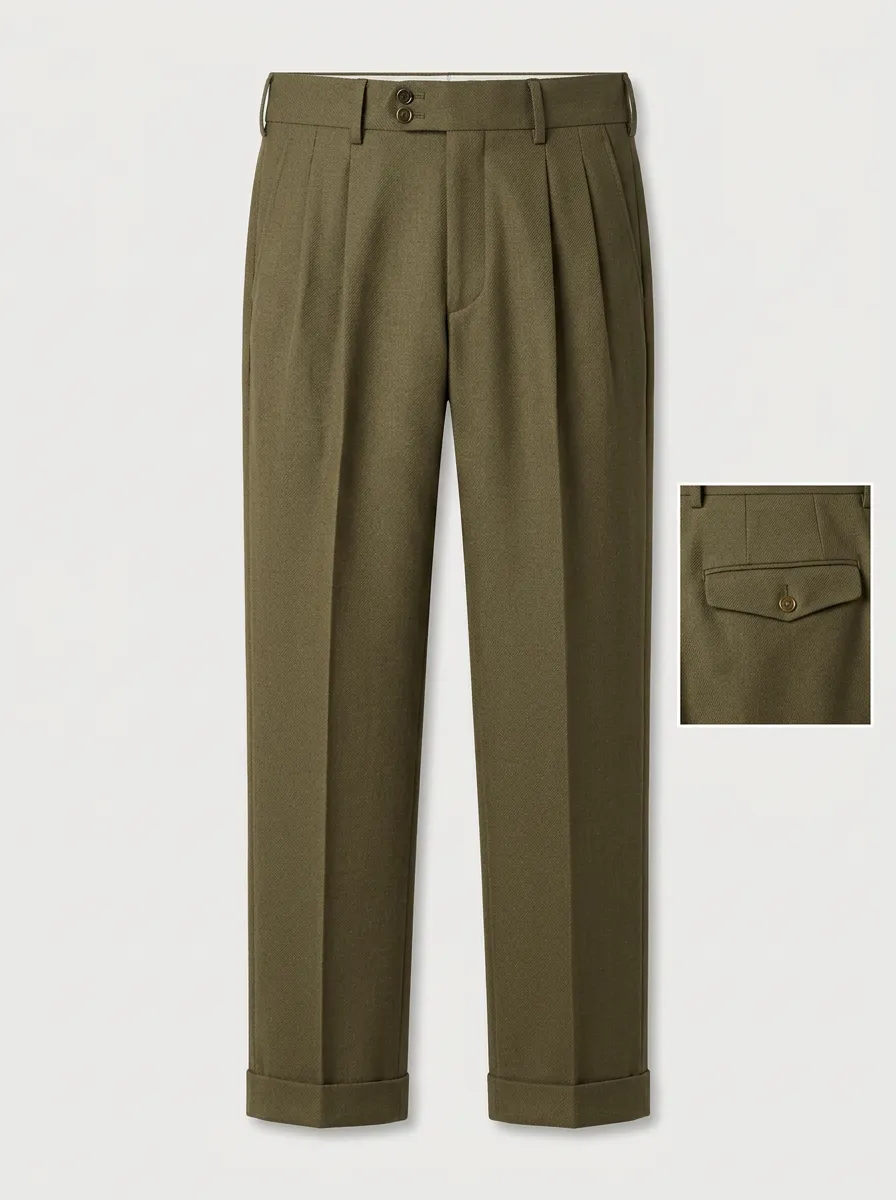 Men's Olive Green Pleated Wool Blend Tailored Trousers