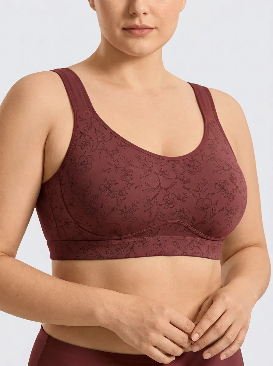 Women's Plus Size Sage Green Floral Outline Full-Coverage Scoop-Neck Wireless Sports Bra