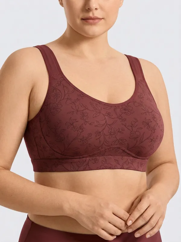 Women's Plus Size Sage Green Floral Outline Full-Coverage Scoop-Neck Wireless Sports Bra