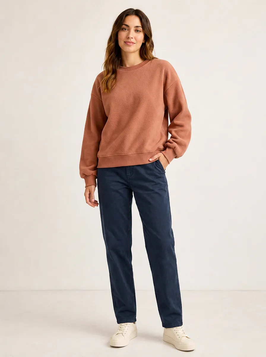 Women's Casual Minimalist Solid Rust Fleece Crewneck Sweatshirt