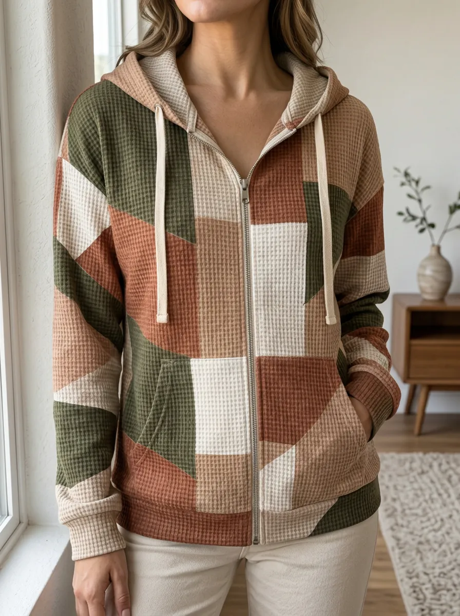 Women's Earth Tone Geometric Waffle Knit Printed Zip Hoodie