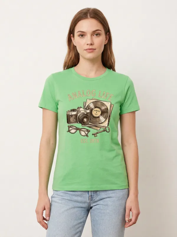 Women's Retro Photography Music-Inspired Analog Life Printed T-Shirt