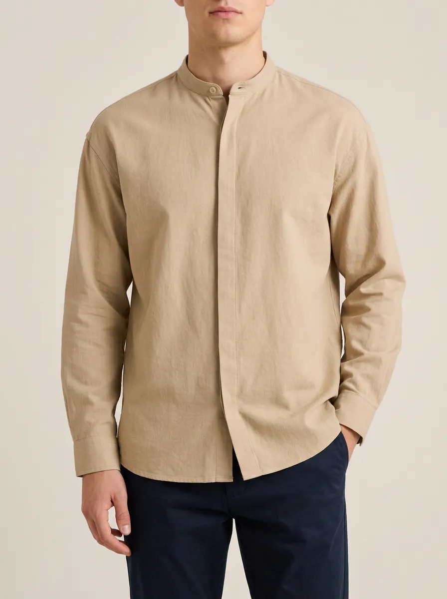 Unisex Mandarin Collar Beige Casual Shirt