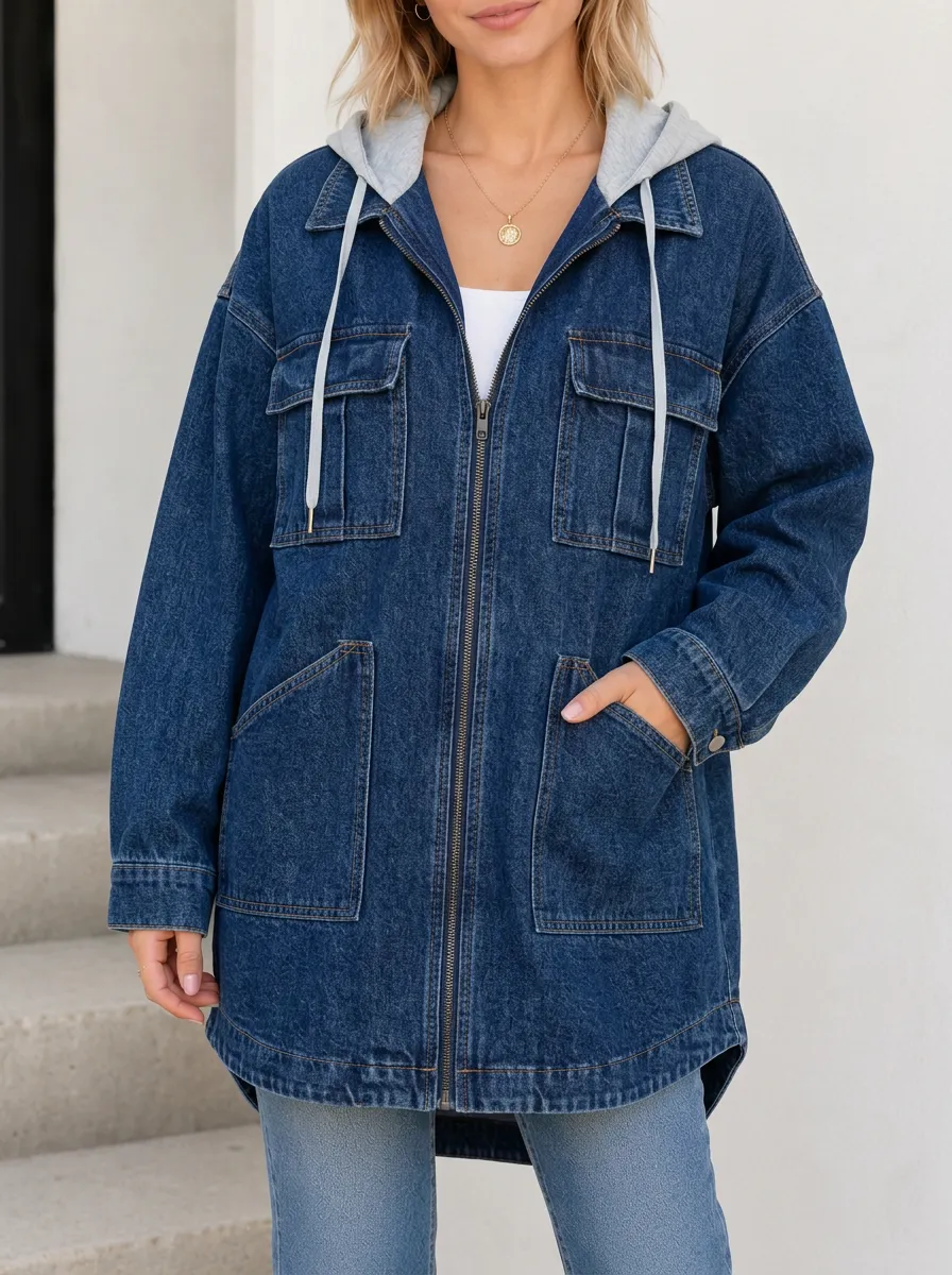 Women's Casual Streetwear Blue Denim Hooded Zip-up Jacket