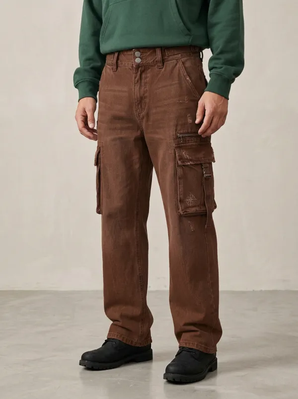 Men's Compass Patch Distressed Denim Cargo Jeans