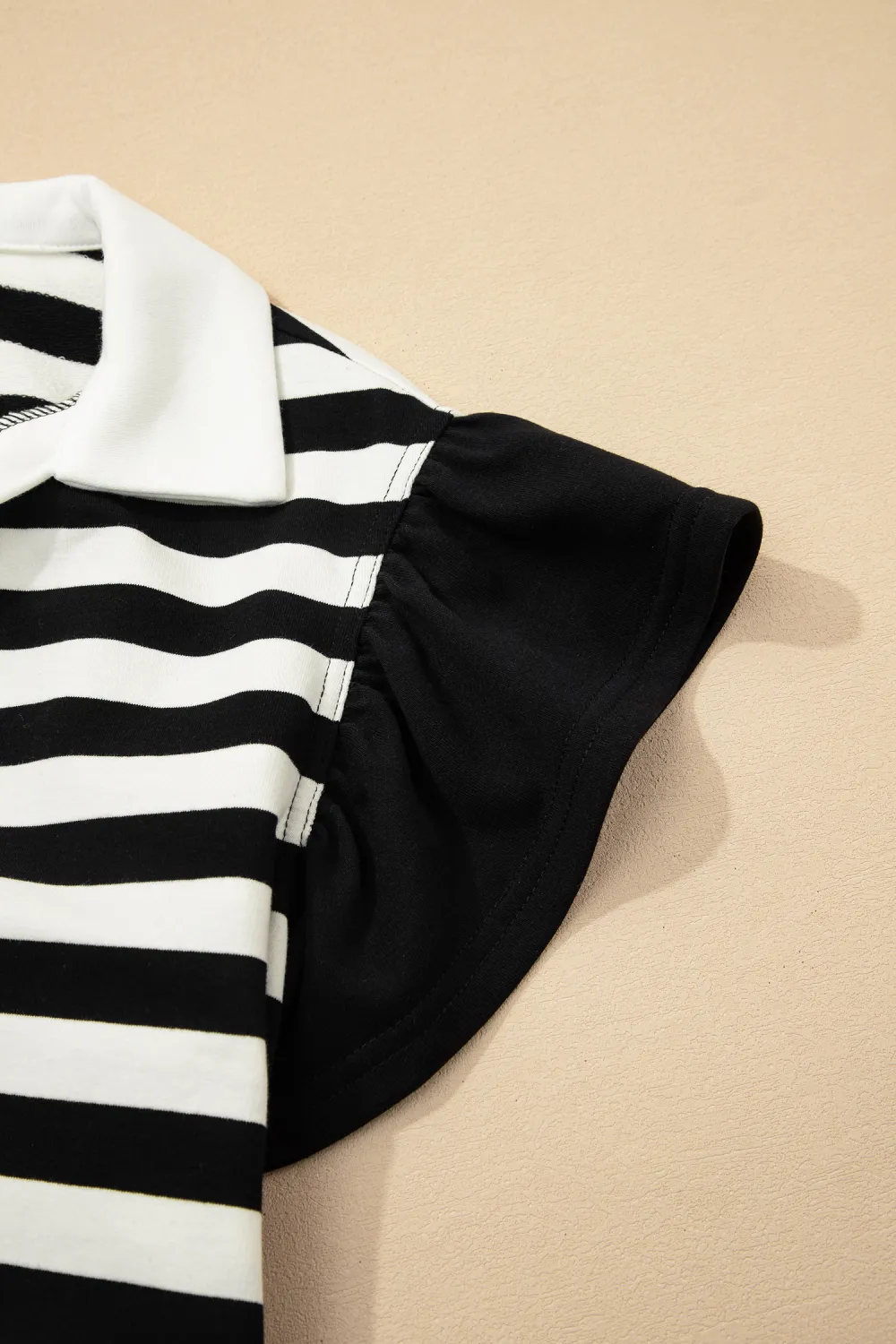Black Stripe Collar V Neck Blouse