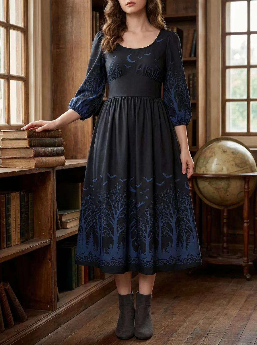 Women's Halloween Gothic Moon Bat Forest Printed Dress