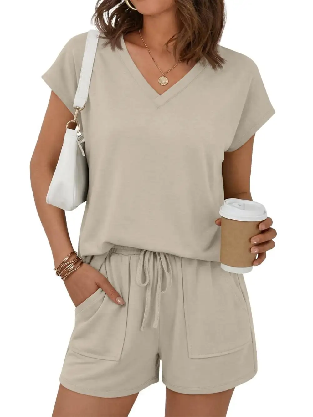 Casual V Neck T Shirt and Shorts Set