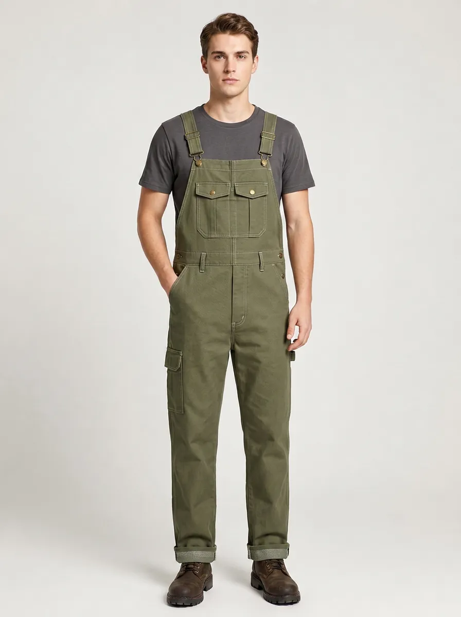 Men's Casual Workwear Olive Green Cargo Bib Overalls