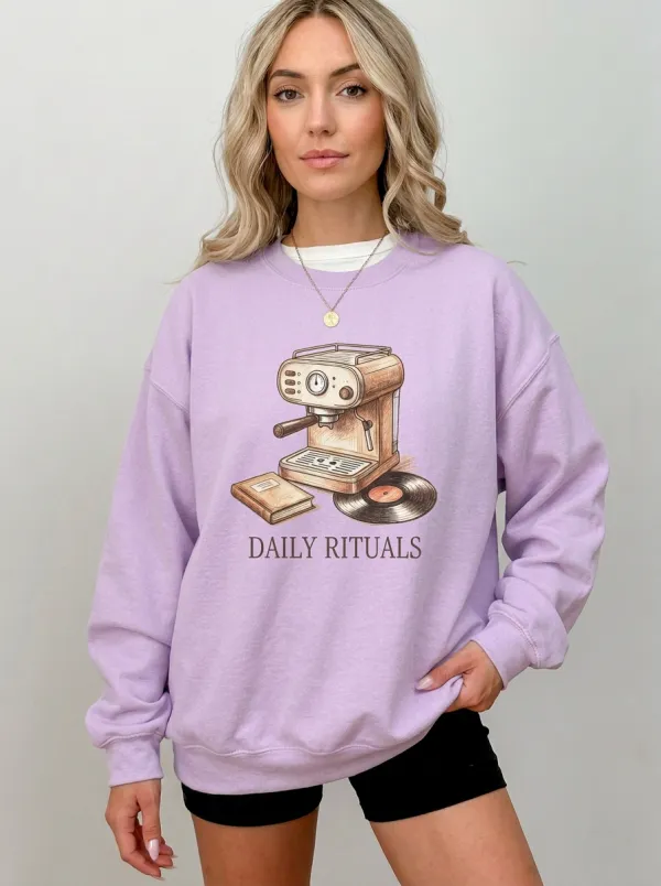 Women's Coffee Daily Rituals Espresso Machine Vinyl Record Graphic Sweatshirt