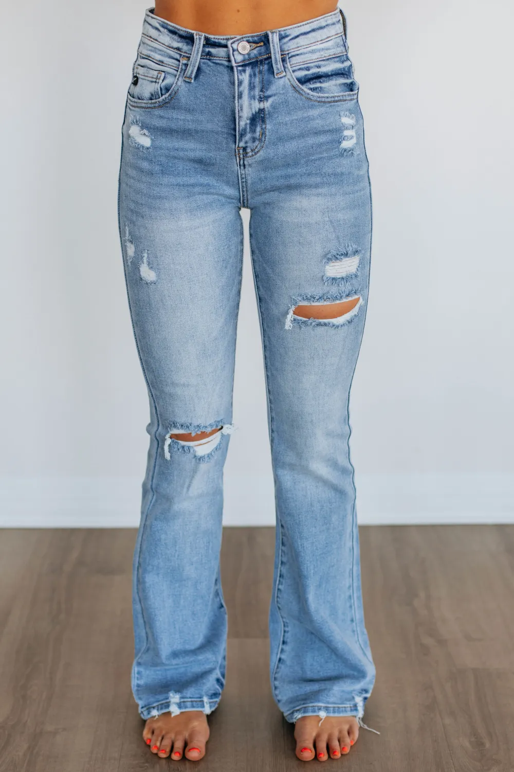 Women's High Rise Flared Leg Fading Whiskering Jeans