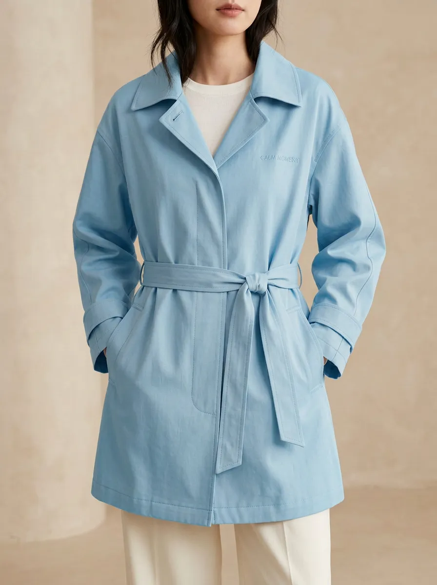 Calm Moment Embroidered Belted Trench Coat