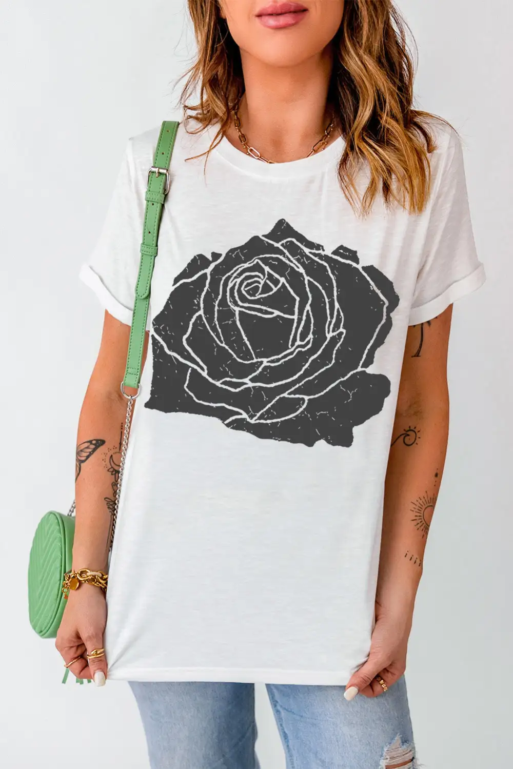 White Large Rose Print Round