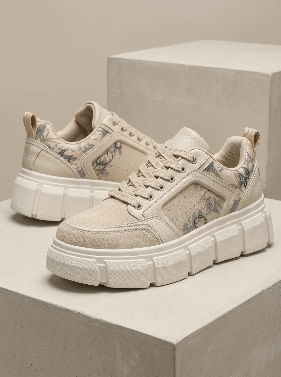 Men's Beige Graffiti Pattern Printed Platform Sneakers