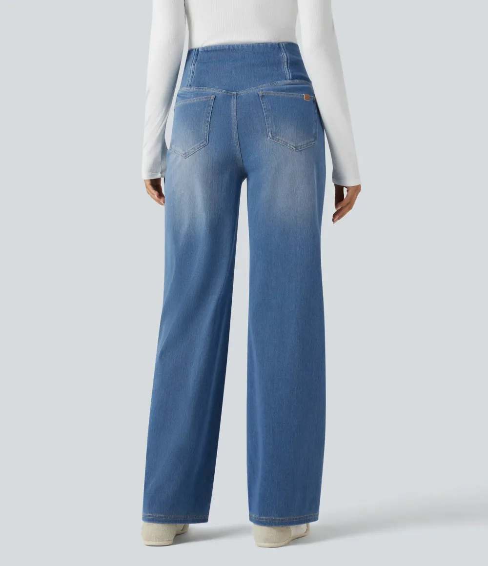 High-waisted, relaxed, crossover straight-leg jeans with  pockets