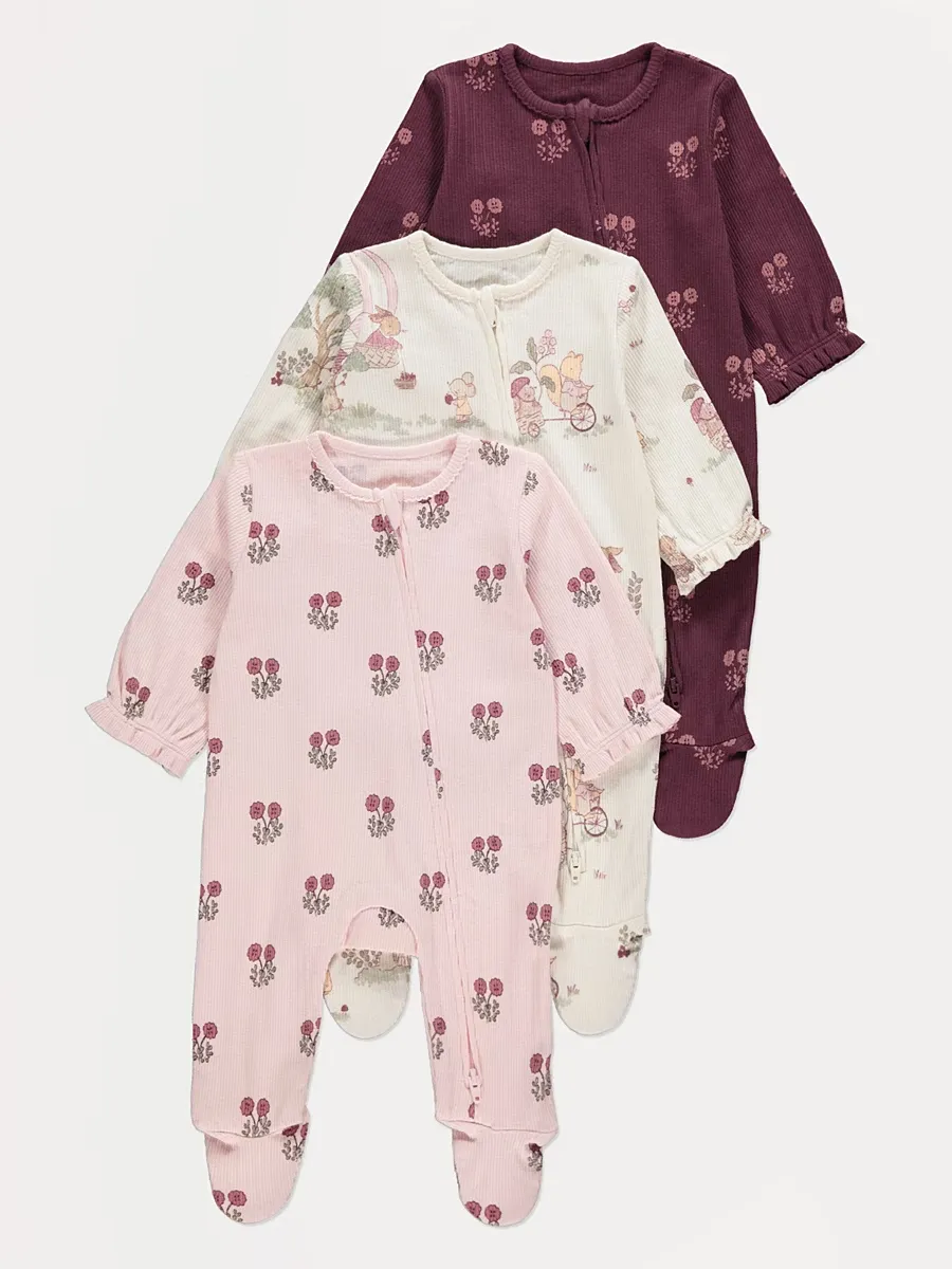 Pink Floral Zip Fasten Sleepsuits 3 Pack