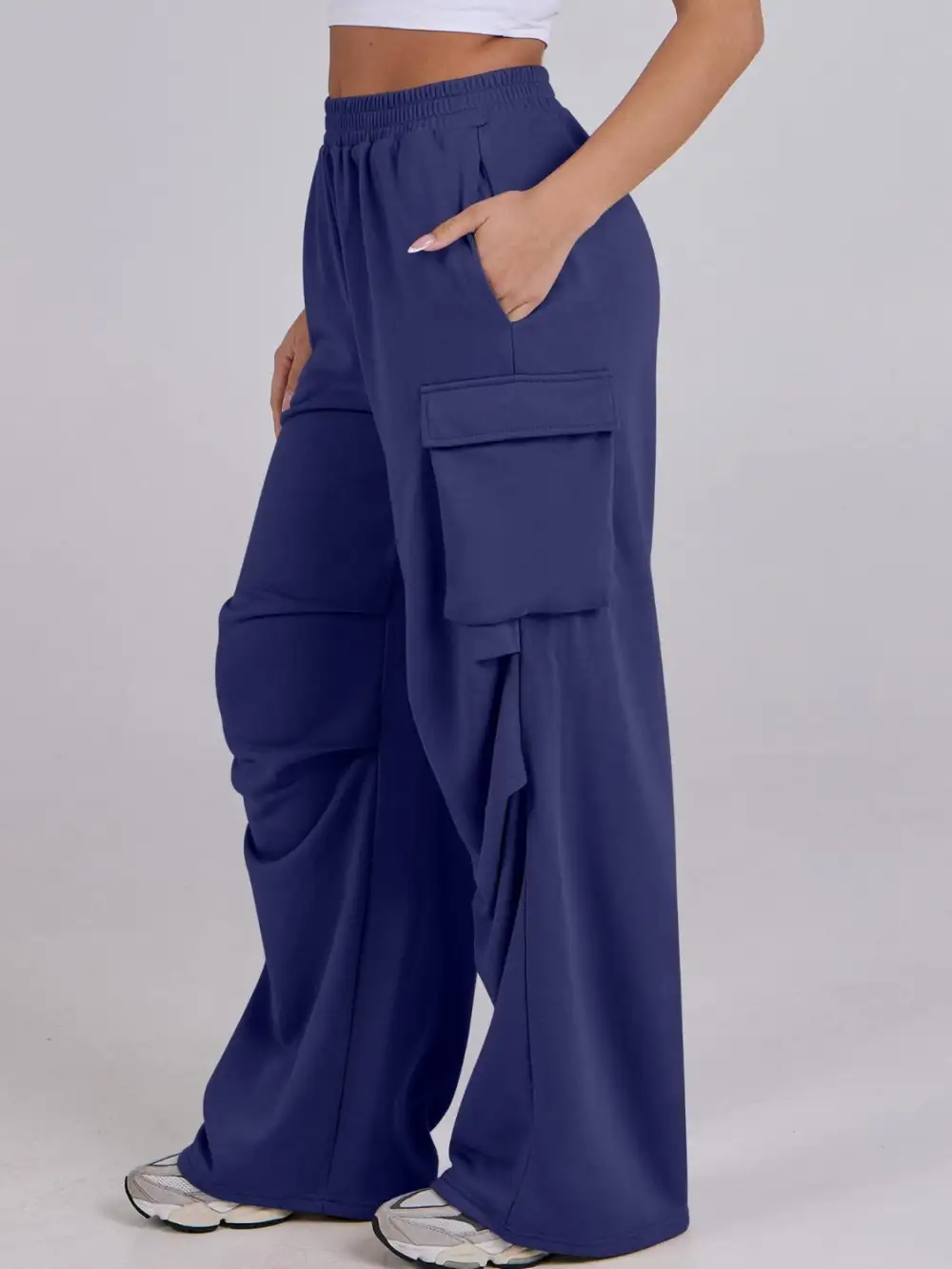Elastic Waist Wide Leg Pants With Pocket