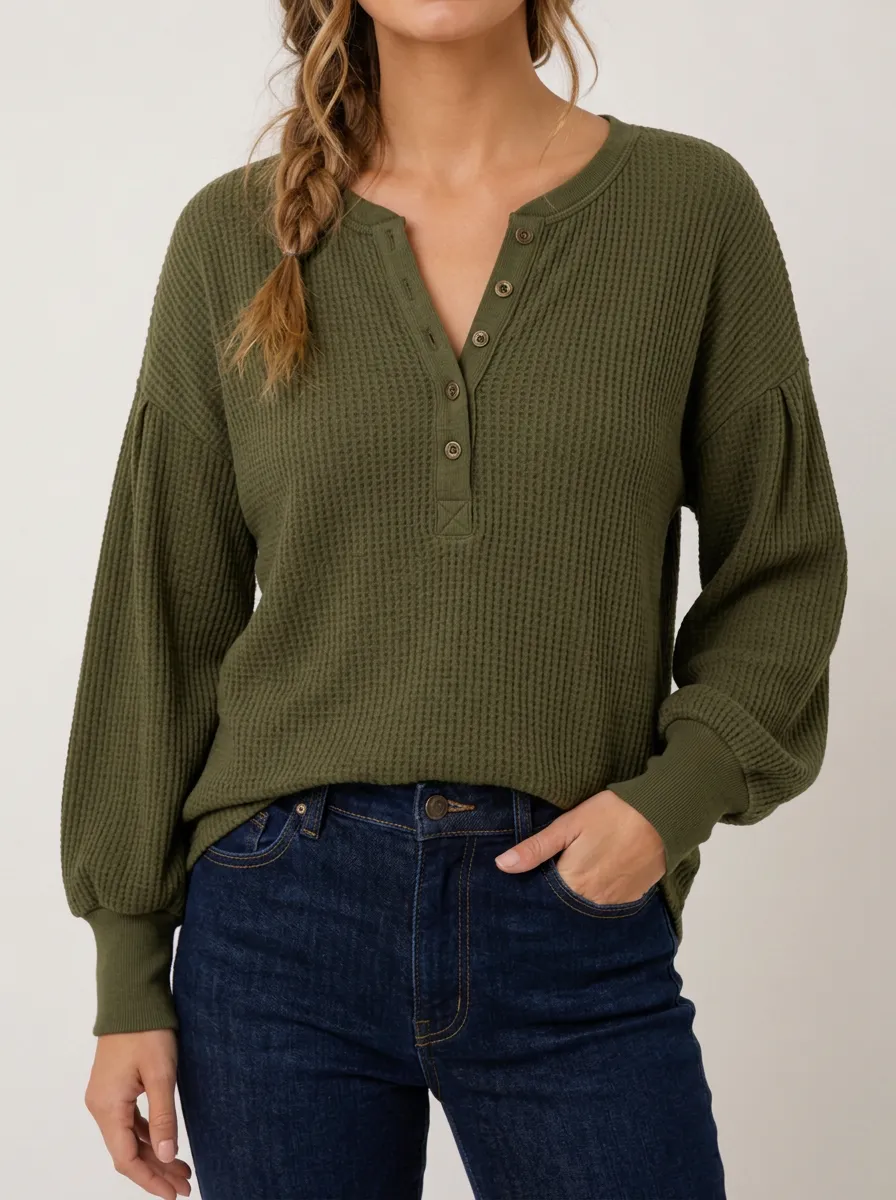 Modern Weekend Waffle Knit Button Henley Long Sleeve Top