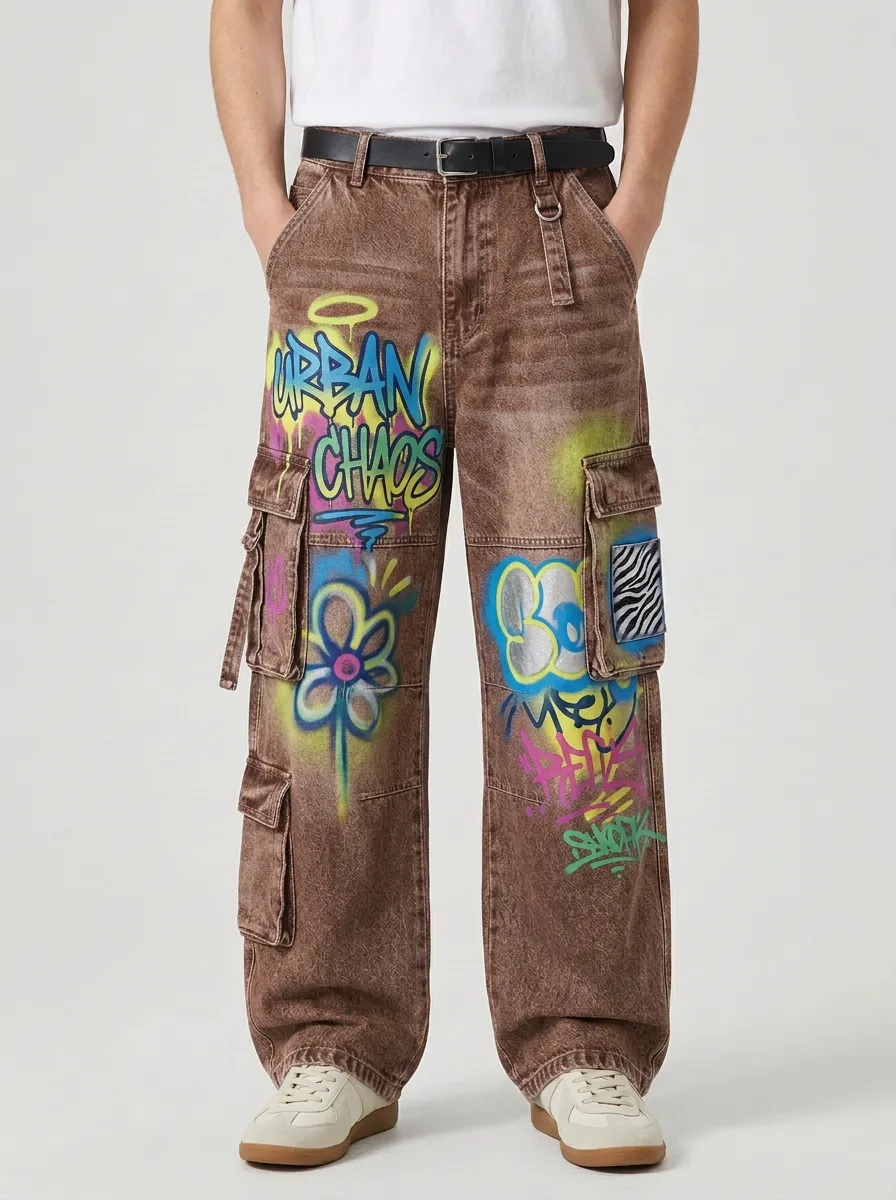 Men's Streetwear Urban Chaos Graffiti Graphic Cargo Jeans