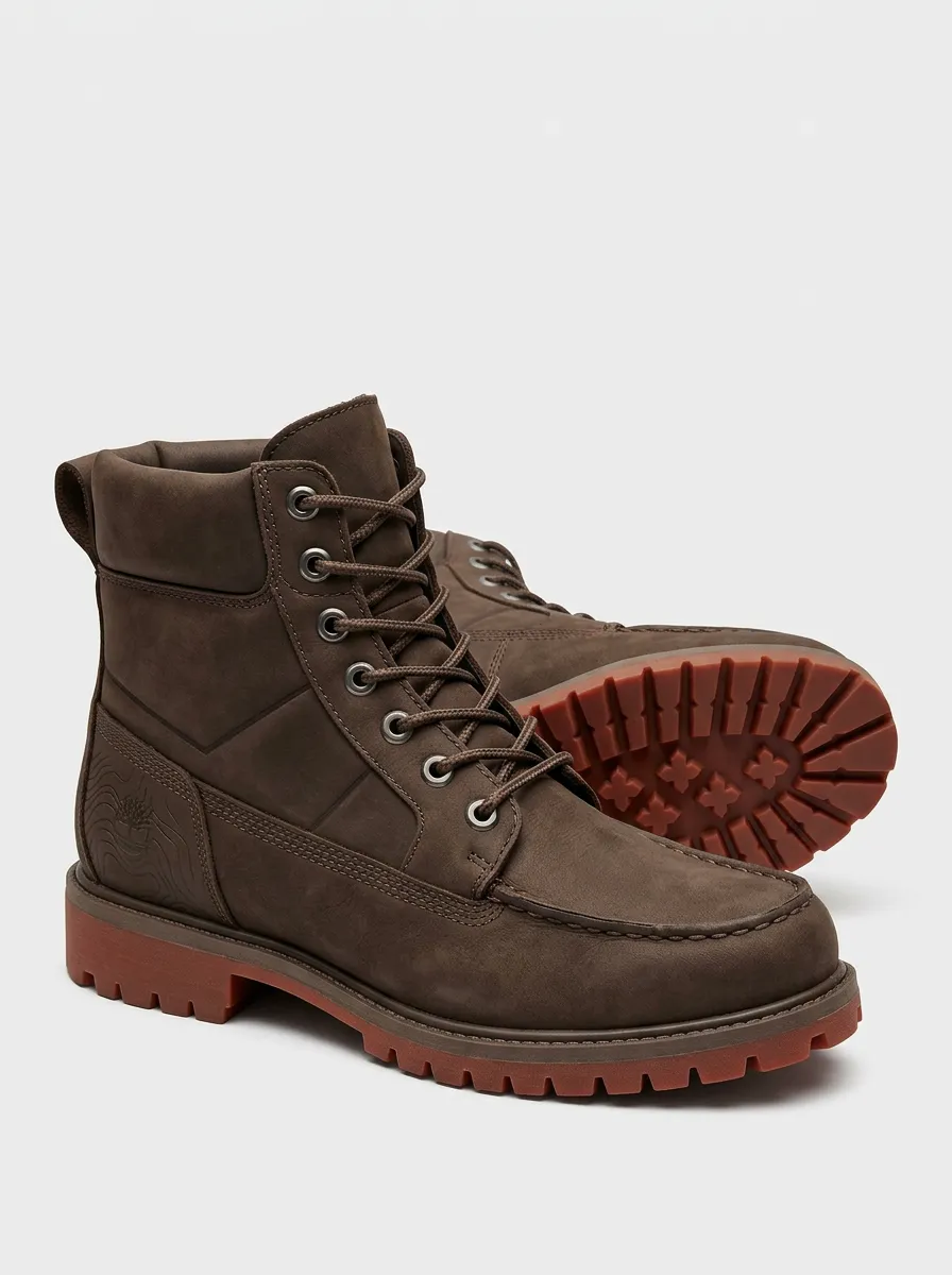 Unisex Leather Topographic Embossed Print Work Boots