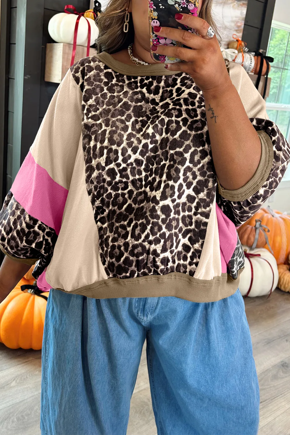 Brown Leopard Print Block Patchwork Top