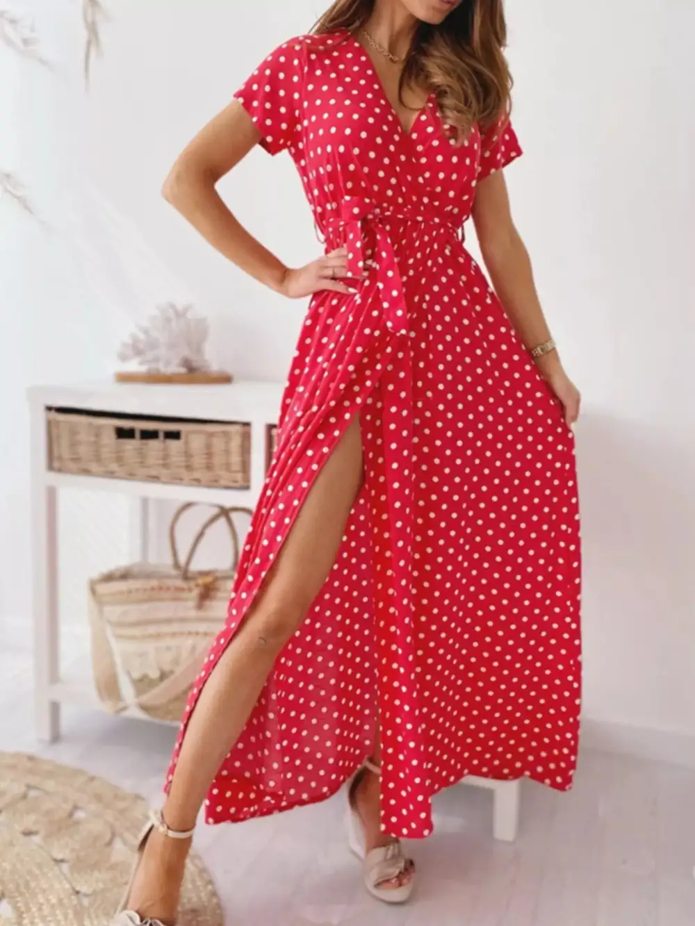 Polka Dot Surplice Maxi Dress With Slit