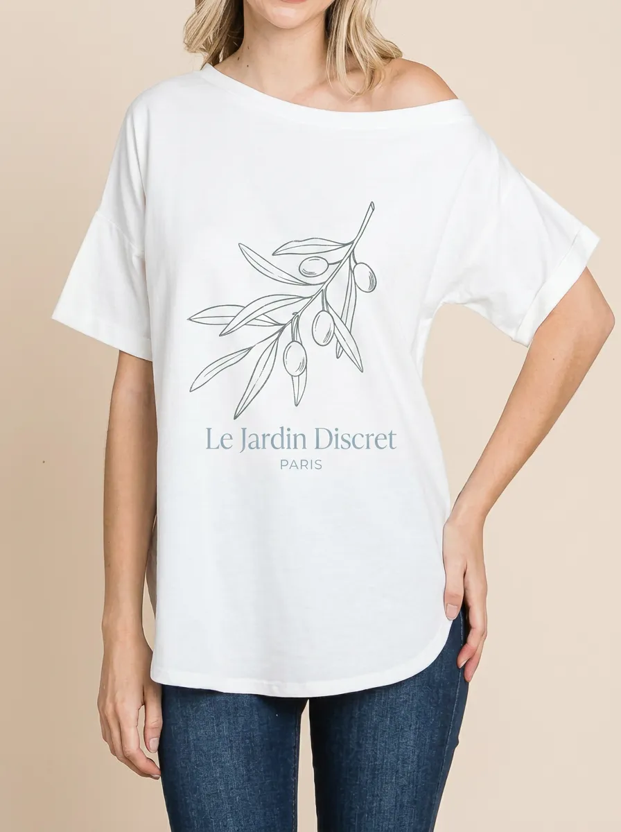 Women's French Botanical Olive Branch Le Jardin Discret Printed T-shirt
