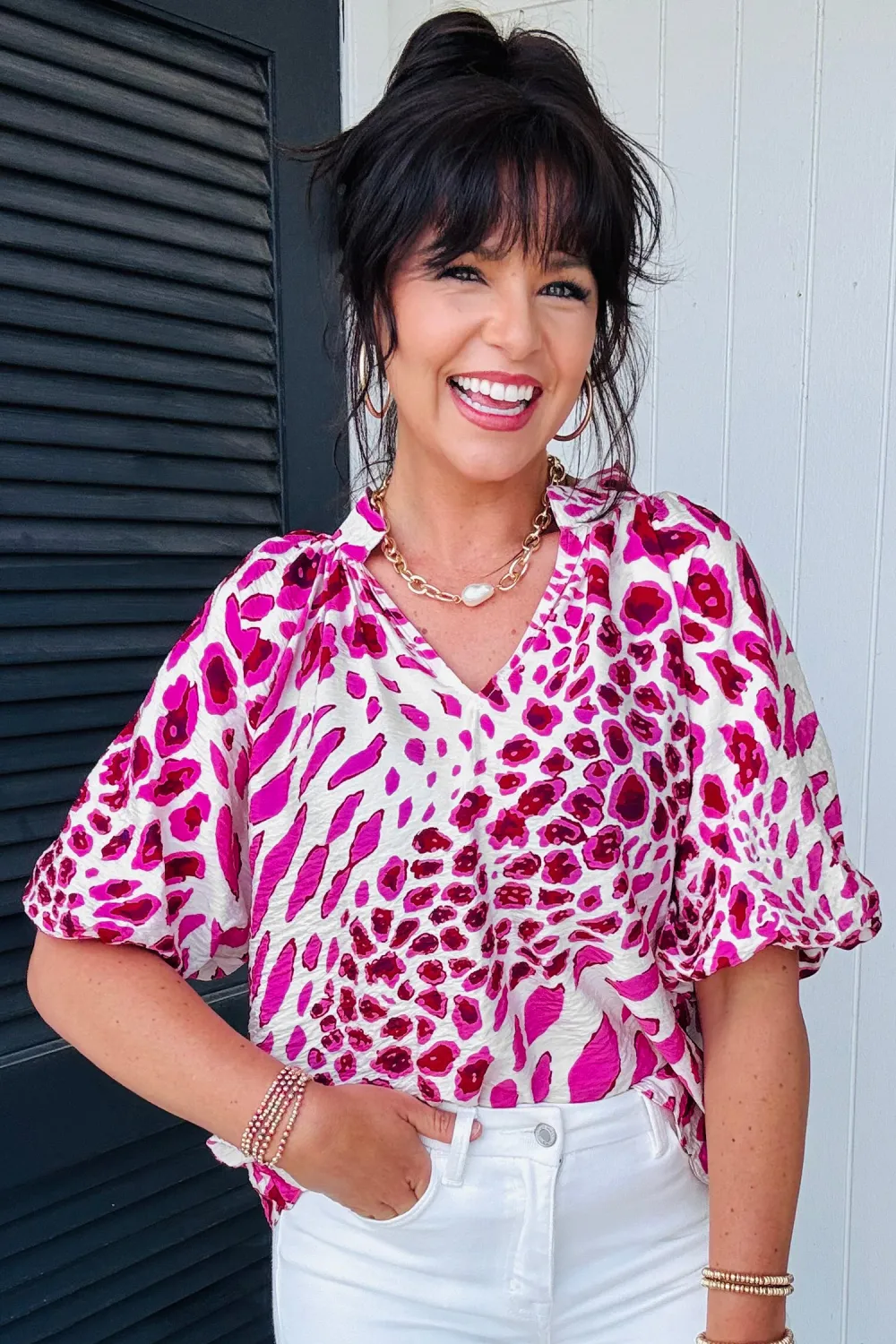 Rose Leopard Print V Neck Blouse