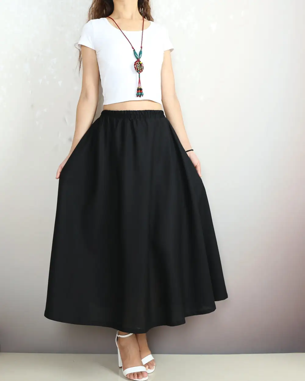 Boho Linen Flared Midi Skirt
