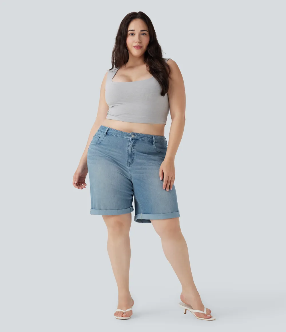  High Waisted Multiple Pockets Rolled Hem Washed Stretchy Knit Denim Casual Plus Size Bermuda Shorts